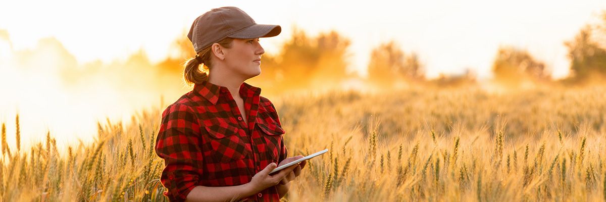 Weibliche Landwirtin steht bei Sonnenuntergang mit Tablet nachdenklich in einem Getreidefeld